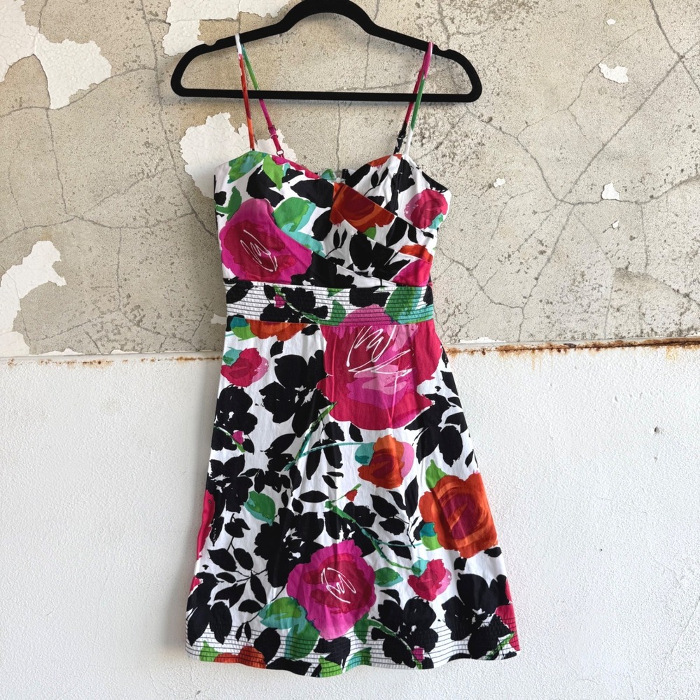 Y2K Mini‎ Dress Bright Floral Print Fit Flare Sundress Retro Summer Womens 6